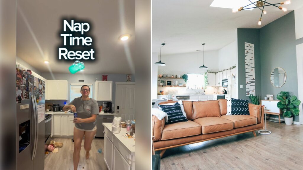 Left: cover still from a TikTok video by @marquel222. Right: Tidy, bright living room with a sofa (Unsplash photo by Kara Eads).