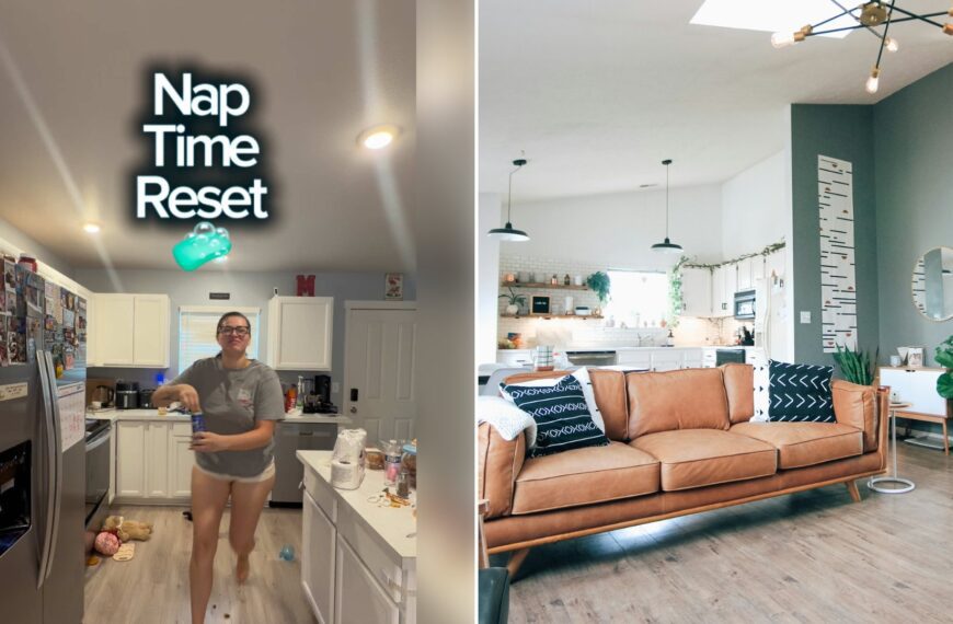 Left: cover still from a TikTok video by @marquel222. Right: Tidy, bright living room with a sofa (Unsplash photo by Kara Eads).