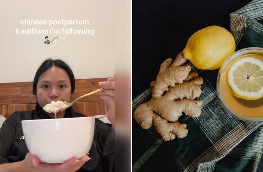 Left: cover still from a TikTok video by @cakedbybabyk. Right: Cup of tea with lemon and ginger on a table (Unsplash photo by Kelly Sikkema).