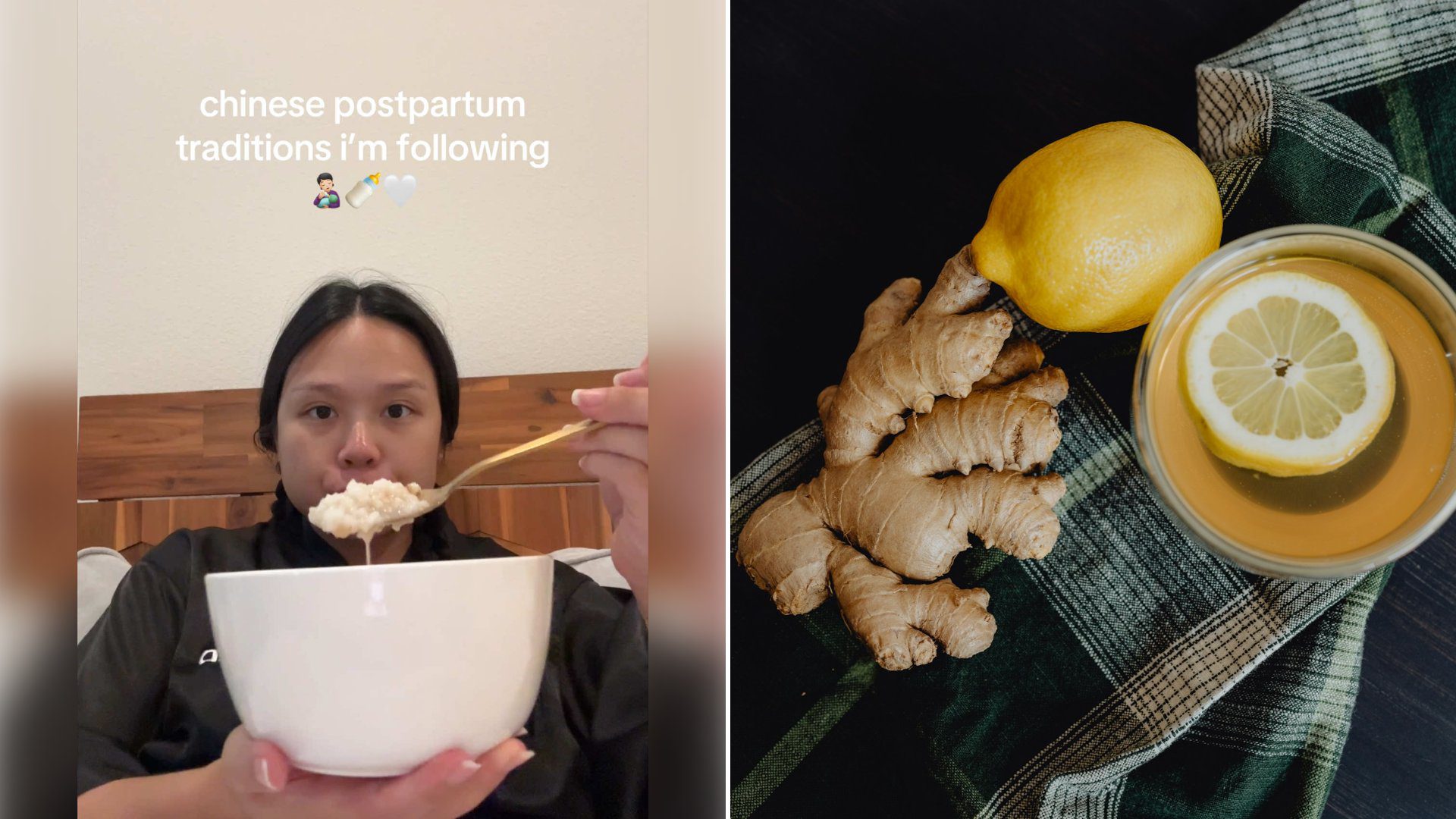Left: cover still from a TikTok video by @cakedbybabyk. Right: Cup of tea with lemon and ginger on a table (Unsplash photo by Kelly Sikkema).