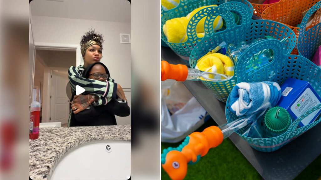 Left: cover still from an Instagram reel by @. Right: Blue plastic baskets filled with rolled towels and orange dinosaur bubble wands (Unsplash photo by Cleopas Monbest).
