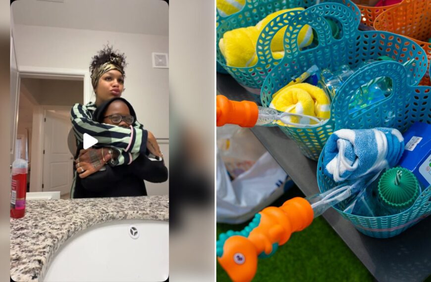 Left: cover still from an Instagram reel by @. Right: Blue plastic baskets filled with rolled towels and orange dinosaur bubble wands (Unsplash photo by Cleopas Monbest).