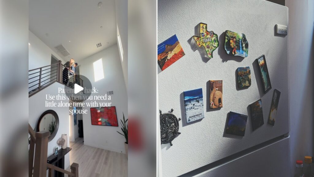 Left: cover still from an Instagram reel by @. Right: Gray top-mount refrigerator with stickers and notes on the door (Unsplash photo by Cong Wang).