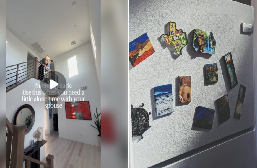 Left: cover still from an Instagram reel by @. Right: Gray top-mount refrigerator with stickers and notes on the door (Unsplash photo by Cong Wang).