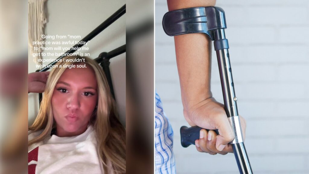 Left: cover still from a TikTok video by @tatumsacljourney. Right: Person holding a crutch and a walking cane (Unsplash photo by Towfiqu barbhuiya).