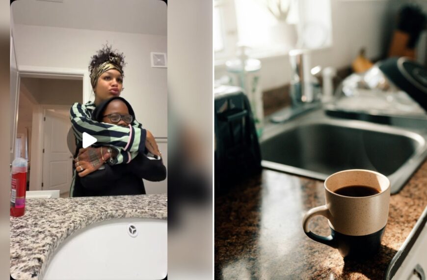 Left: cover still from an Instagram reel by @. Right: Cup of hot coffee on a kitchen counter (Unsplash photo by Taylor Daugherty).