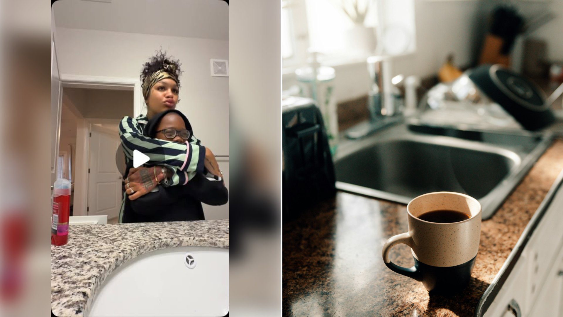 Left: cover still from an Instagram reel by @. Right: Cup of hot coffee on a kitchen counter (Unsplash photo by Taylor Daugherty).