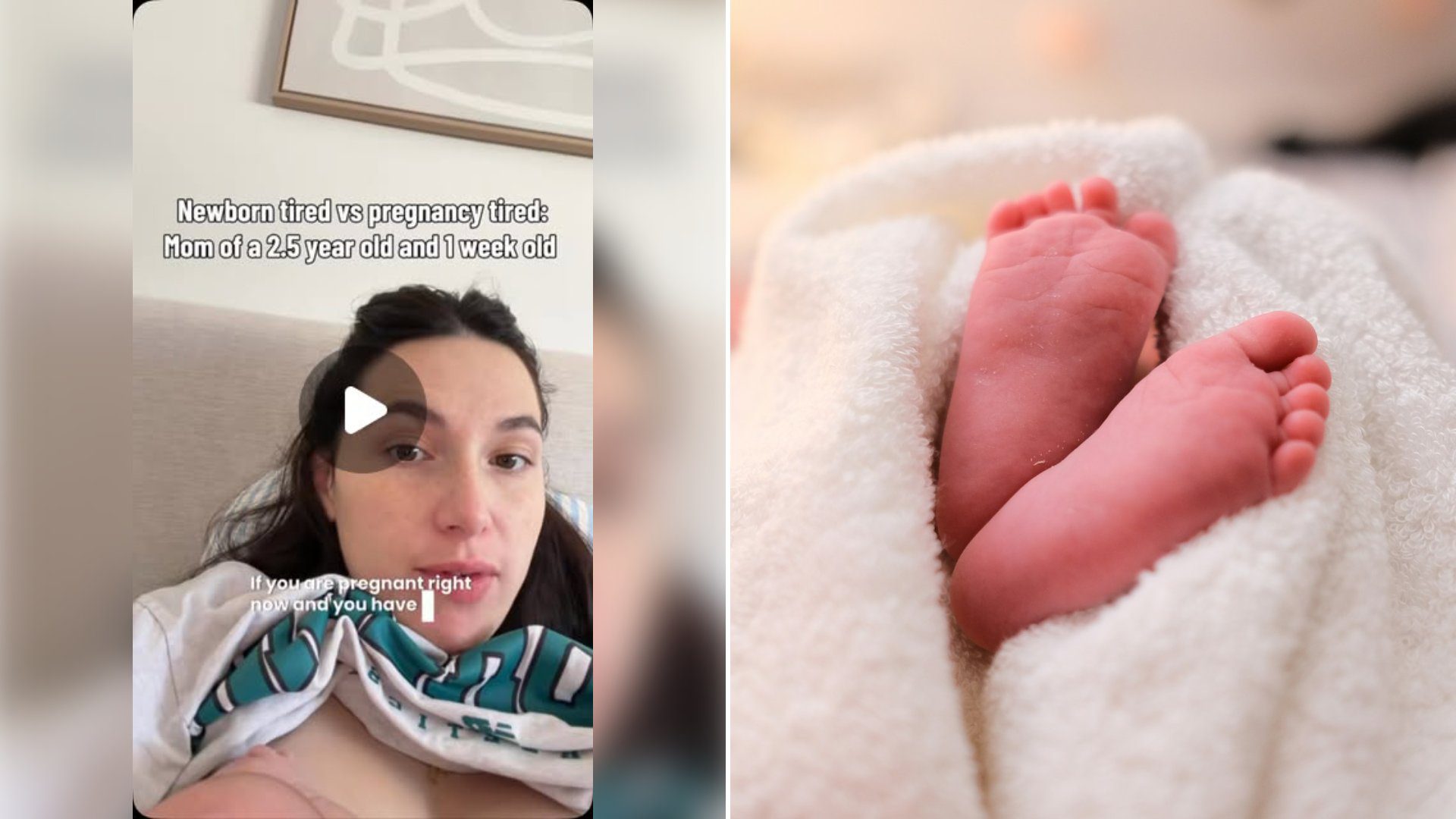 Left: cover still from an Instagram reel by @. Right: Newborn baby feet under a white blanket (Unsplash photo by Marcel Fagin).
