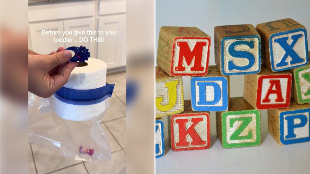 Left: cover still from a TikTok video by @milania_mi_mi. Right: Wooden letter block toys (Unsplash photo by Susan Holt Simpson).