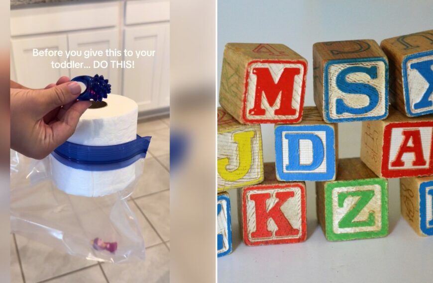 Left: cover still from a TikTok video by @milania_mi_mi. Right: Wooden letter block toys (Unsplash photo by Susan Holt Simpson).
