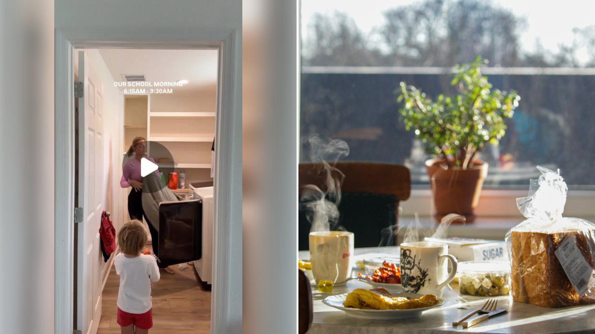 Left: cover still from an Instagram reel by @. Right: Kitchen table set with breakfast food and drinks (Unsplash photo by Gokhan Keskin).