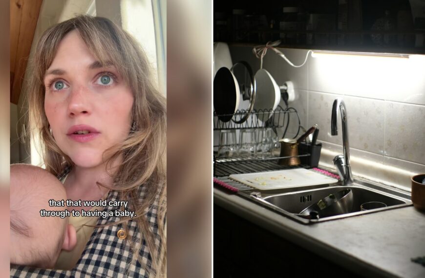 Left: cover still from a TikTok video by @whatsanellen. Right: Kitchen sink with dishes (Unsplash photo by Zahraa Hassan).