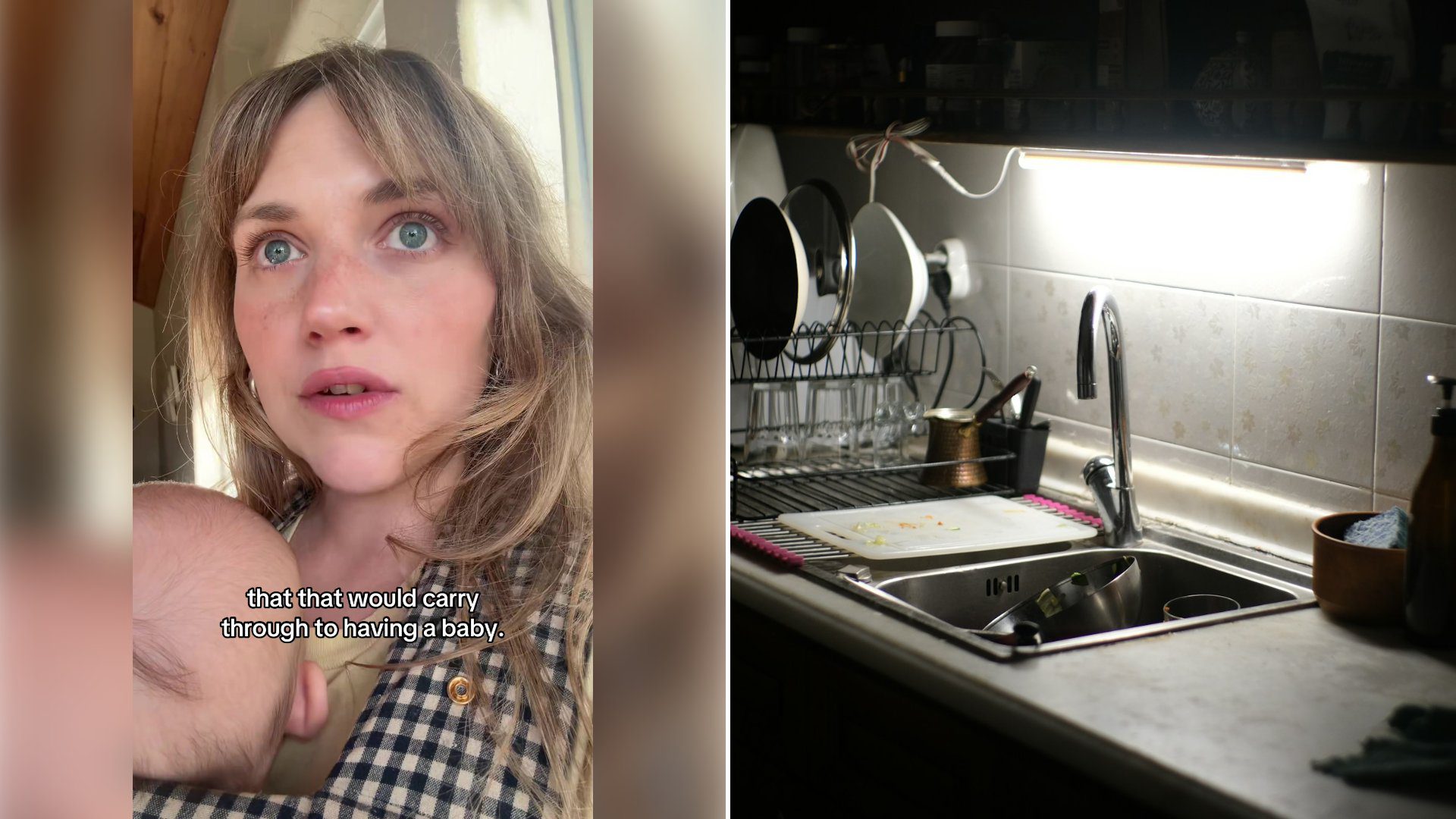 Left: cover still from a TikTok video by @whatsanellen. Right: Kitchen sink with dishes (Unsplash photo by Zahraa Hassan).