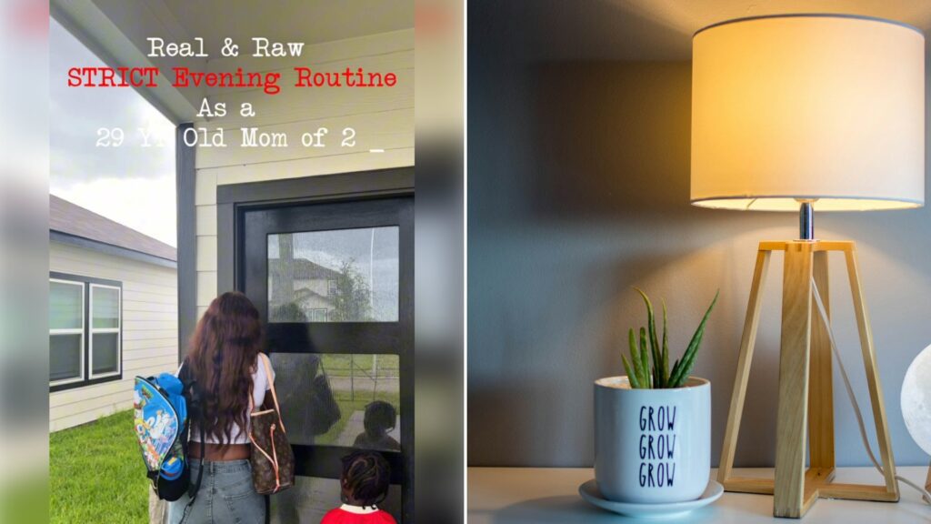 Left: cover still from a TikTok video by @caseythegardenmama. Right: Brown and white bedside table lamp glowing at night (Unsplash photo by Joel Henry).