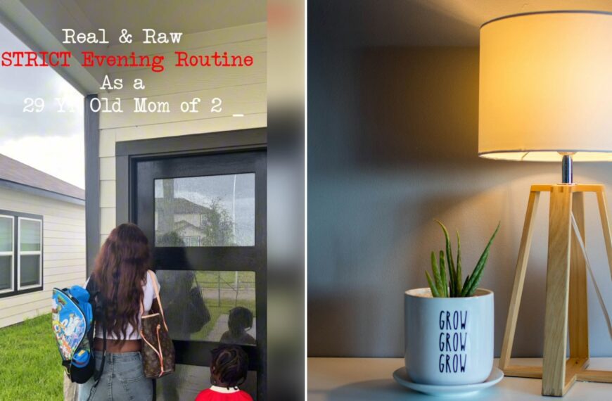 Left: cover still from a TikTok video by @caseythegardenmama. Right: Brown and white bedside table lamp glowing at night (Unsplash photo by Joel Henry).