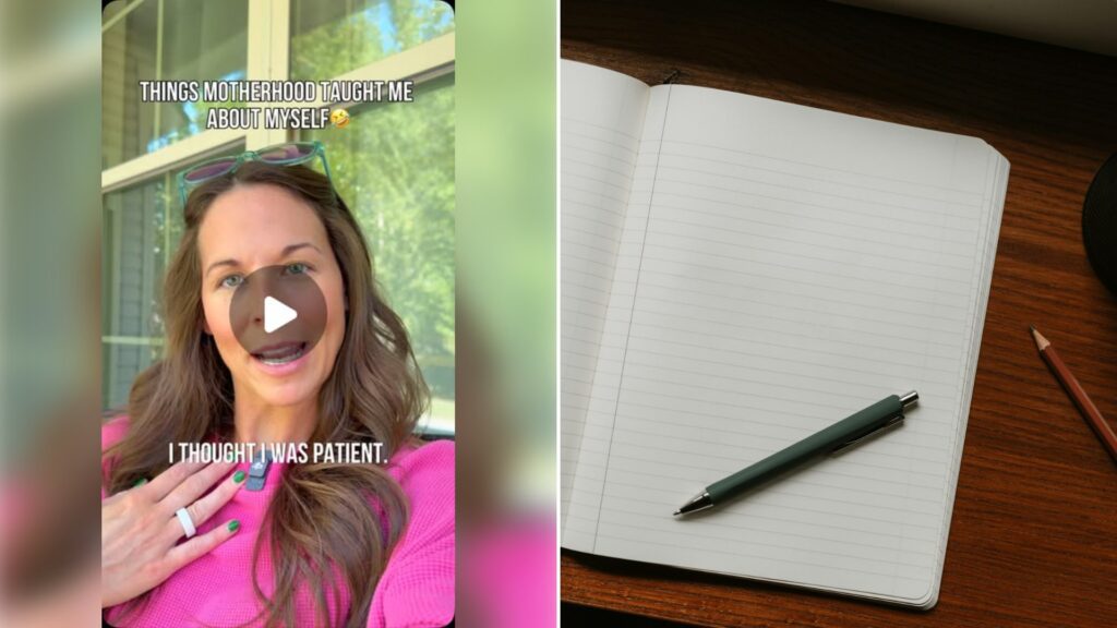 Left: cover still from an Instagram reel by @. Right: Open notebook with a pen and pencils on a desk (Unsplash photo by Clay Banks).
