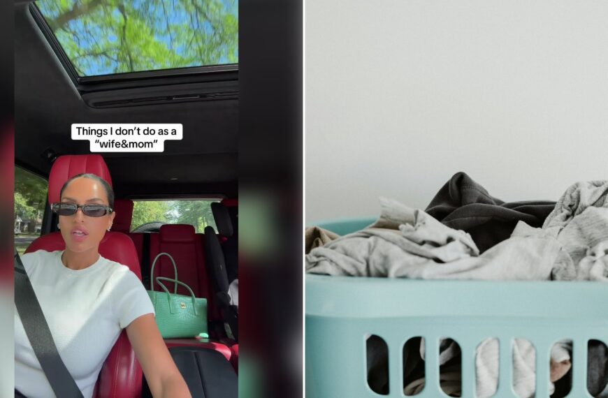 Left: cover still from a TikTok video by @segamay. Right: Blue plastic laundry basket full of clean white clothes (Unsplash photo by Annie Spratt).