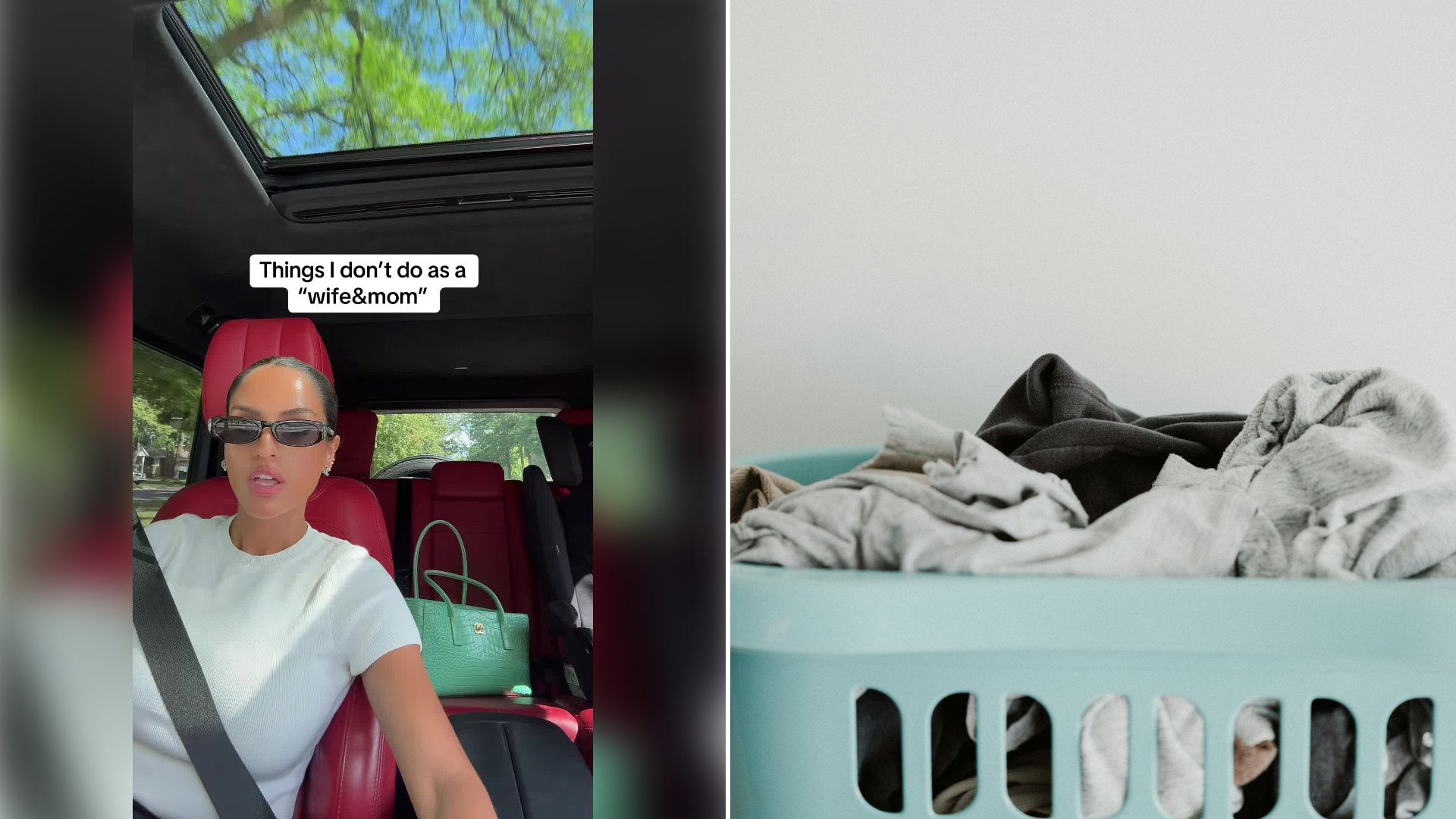 Left: cover still from a TikTok video by @segamay. Right: Blue plastic laundry basket full of clean white clothes (Unsplash photo by Annie Spratt).
