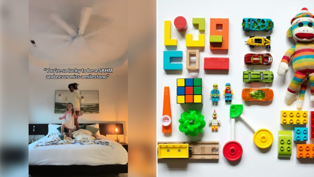 Left: cover still from a TikTok video by @kyleedeweese1. Right: Multicolored learning toys (Unsplash photo by Vanessa Bucceri).