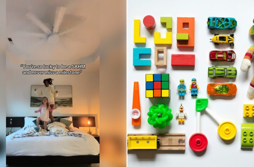 Left: cover still from a TikTok video by @kyleedeweese1. Right: Multicolored learning toys (Unsplash photo by Vanessa Bucceri).