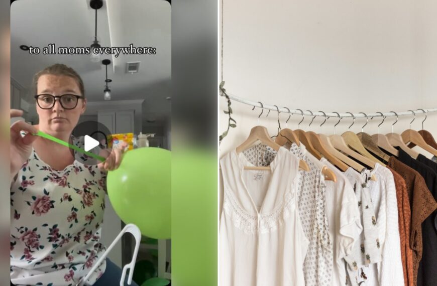 Left: cover still from an Instagram reel by @. Right: Assorted clothes hanging on wooden hangers (Unsplash photo by Priscilla Du Preez).