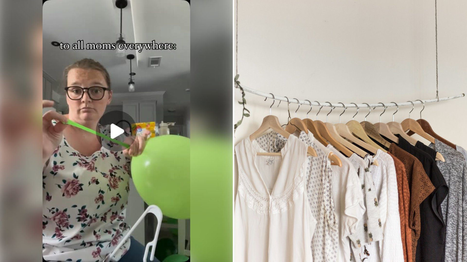 Left: cover still from an Instagram reel by @. Right: Assorted clothes hanging on wooden hangers (Unsplash photo by Priscilla Du Preez).