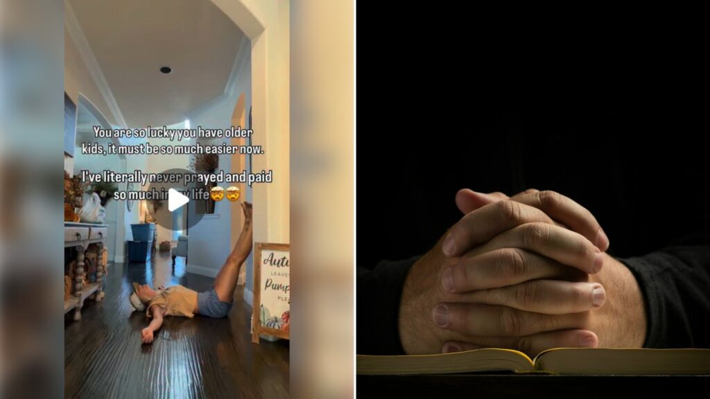 Left: cover still from an Instagram reel by @. Right: Hands clasped in prayer over an open Bible (Unsplash photo by Peter Law).