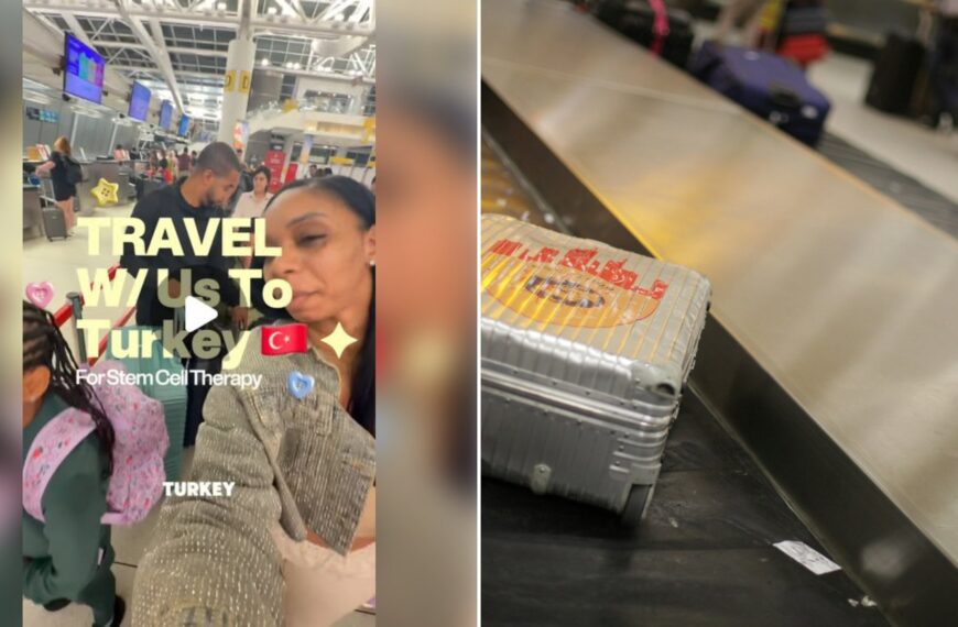 Left: cover still from an Instagram reel by @. Right: Gray hardside luggage at Frankfurt airport (Unsplash photo by Dimitri Karastelev).