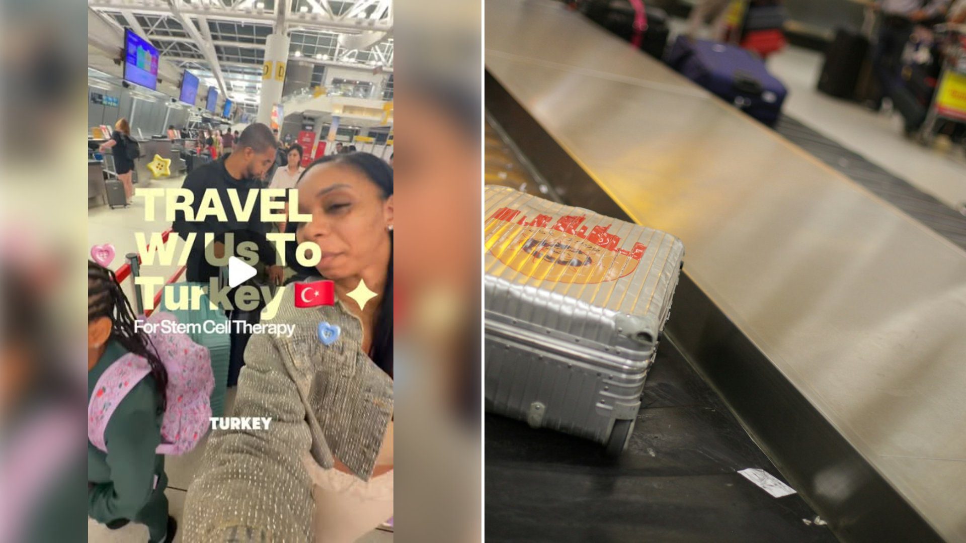 Left: cover still from an Instagram reel by @. Right: Gray hardside luggage at Frankfurt airport (Unsplash photo by Dimitri Karastelev).
