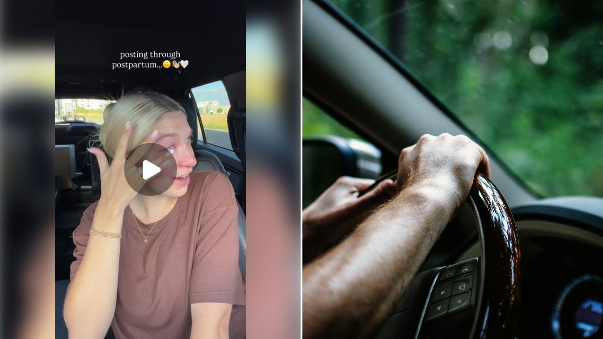 Left: cover still from an Instagram reel by @. Right: Hands on a car steering wheel while driving through a forest (Unsplash photo by Erik Witsoe).