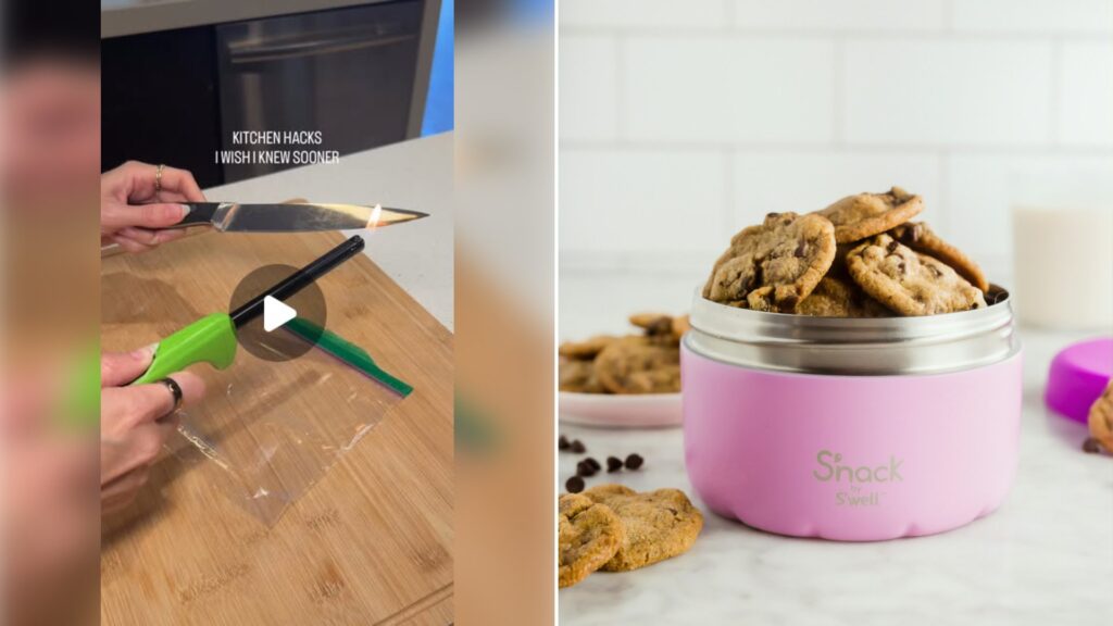 Left: cover still from an Instagram reel by @. Right: Pink lunch food container filled with cookies and snacks (Unsplash photo by S'well).