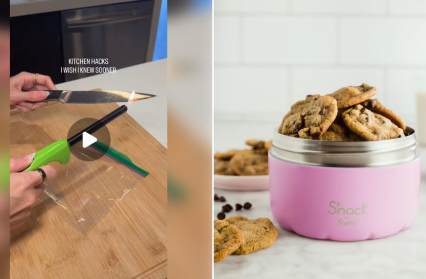 Left: cover still from an Instagram reel by @. Right: Pink lunch food container filled with cookies and snacks (Unsplash photo by S'well).