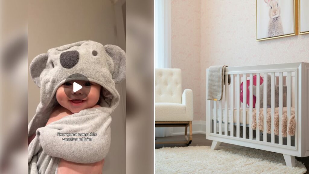 Left: cover still from an Instagram reel by @. Right: Cozy nursery with a white crib and an armchair (Unsplash photo by Franco Debartolo).