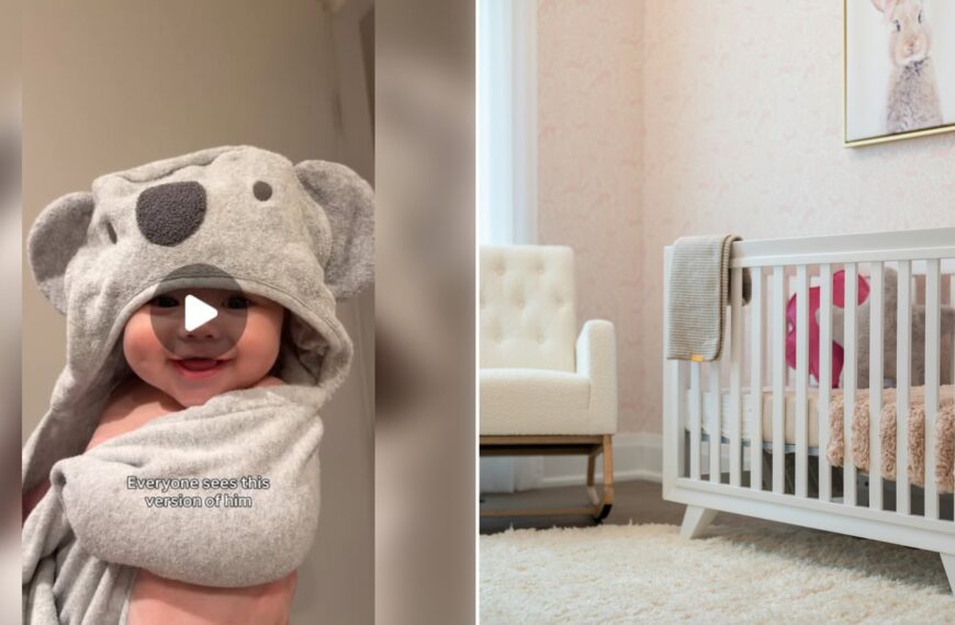 Left: cover still from an Instagram reel by @. Right: Cozy nursery with a white crib and an armchair (Unsplash photo by Franco Debartolo).