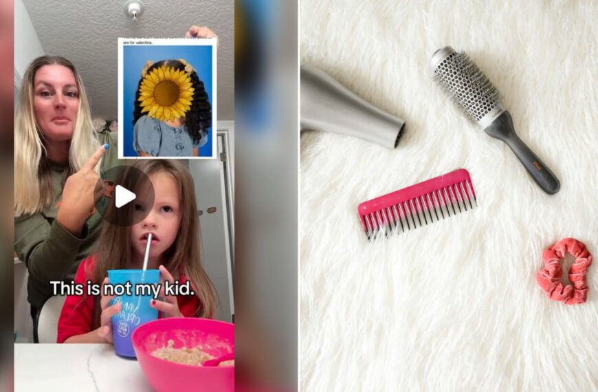 Left: cover still from an Instagram reel by @. Right: Gray corded hair dryer and a red comb on a light background (Unsplash photo by Element5 Digital).
