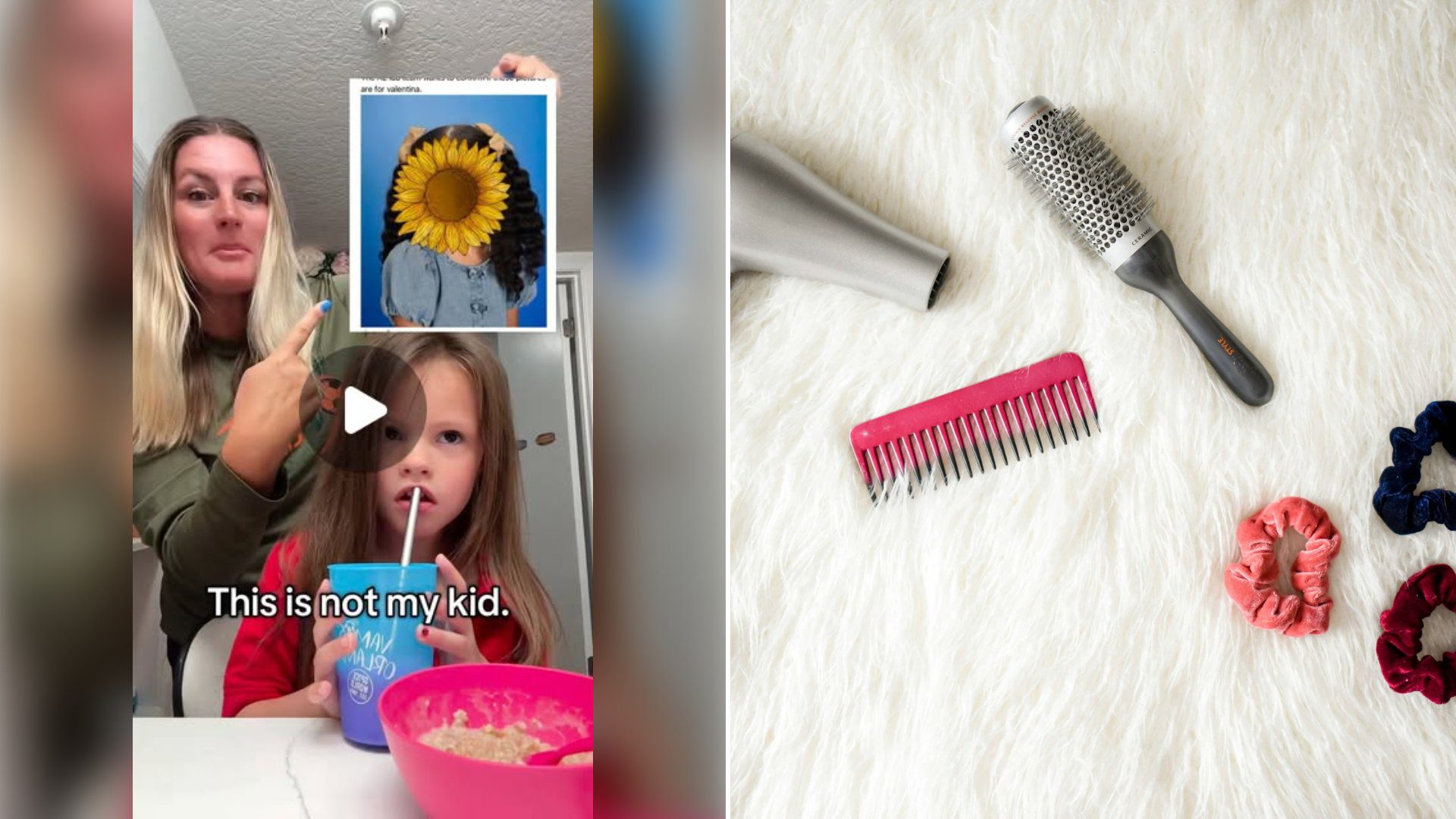 Left: cover still from an Instagram reel by @. Right: Gray corded hair dryer and a red comb on a light background (Unsplash photo by Element5 Digital).