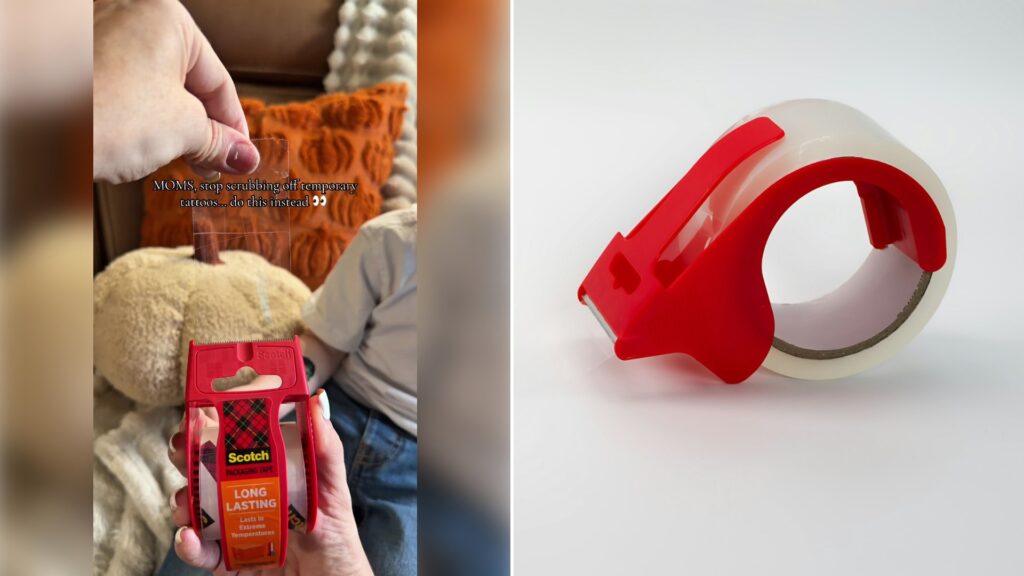 Left: cover still from a TikTok video by @breerenee33. Right: Red tape dispenser with clear packing tape (Unsplash photo by Barry A).