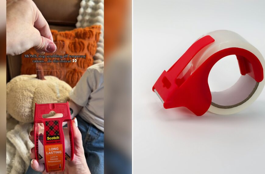 Left: cover still from a TikTok video by @breerenee33. Right: Red tape dispenser with clear packing tape (Unsplash photo by Barry A).