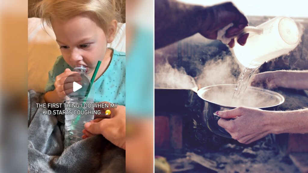 Left: cover still from an Instagram reel by @. Right: Hot water being poured into a bowl (Unsplash photo by Joe Pregadio).