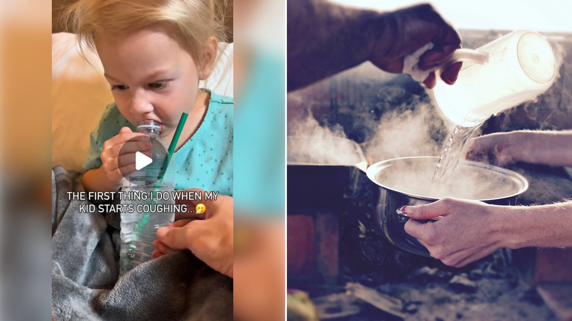Left: cover still from an Instagram reel by @. Right: Hot water being poured into a bowl (Unsplash photo by Joe Pregadio).