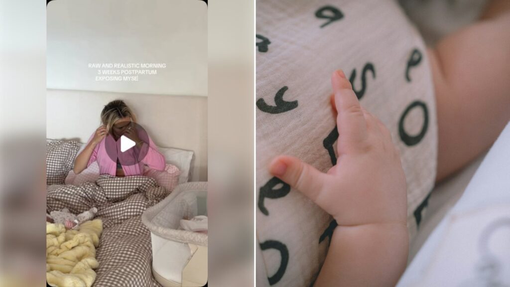 Left: cover still from an Instagram reel by @. Right: Infant's hand resting on alphabet-pattern fabric (Unsplash photo by Georgi Kalaydzhiev).
