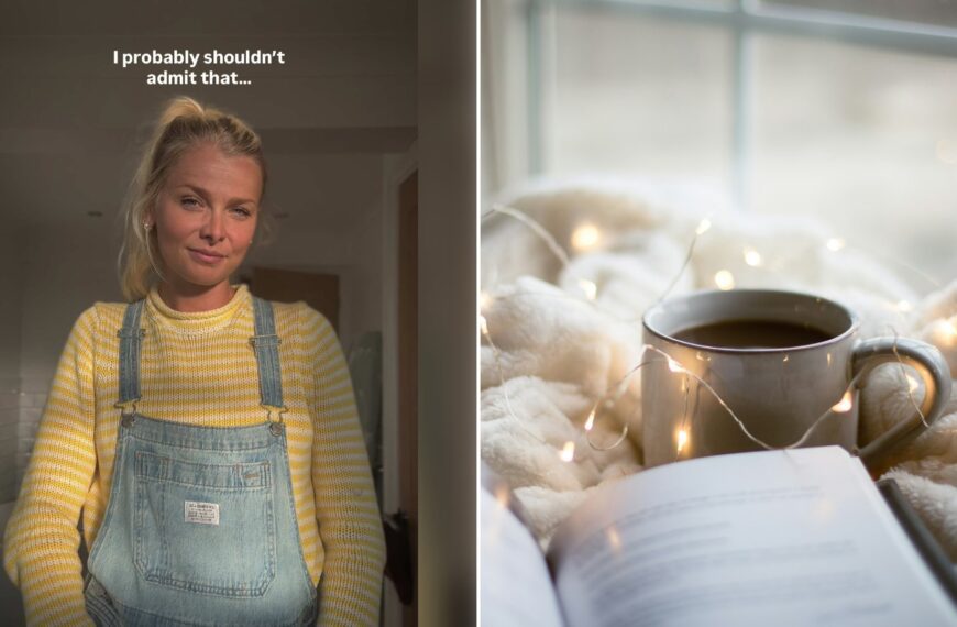 Left: cover still from a TikTok video by @iamdrtuesday. Right: Cup of coffee and a book resting on a blanket (Unsplash photo by Sixteen Miles Out).