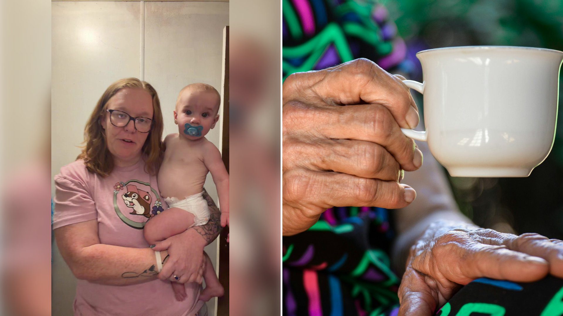 Left: cover still from a TikTok video by @devrenaelle33. Right: Close-up of hands holding a white ceramic teacup (Unsplash photo by Claudia Love).