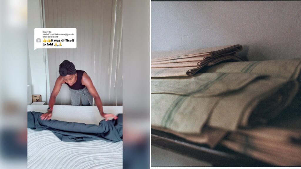 Left: cover still from a TikTok video by @shiyose. Right: Neatly folded linens with green stripes on a shelf (Unsplash photo by T).