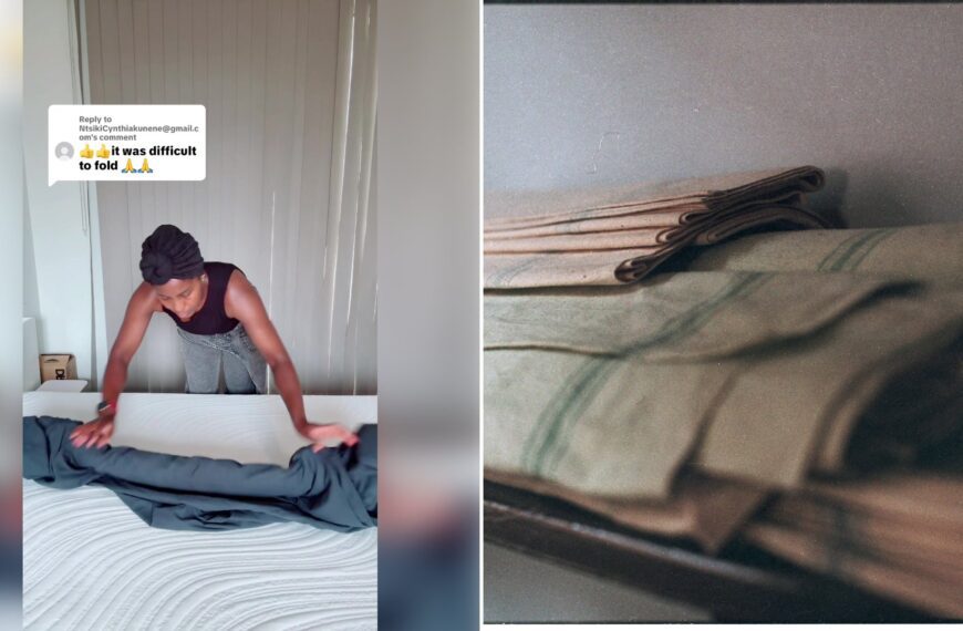 Left: cover still from a TikTok video by @shiyose. Right: Neatly folded linens with green stripes on a shelf (Unsplash photo by T).