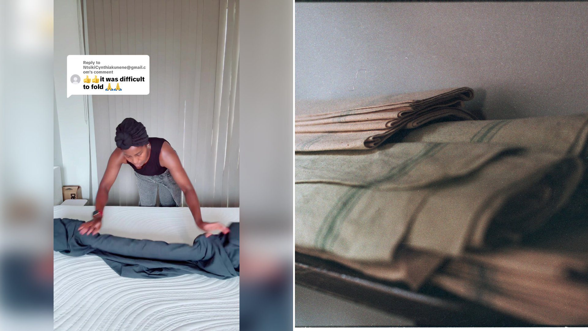 Left: cover still from a TikTok video by @shiyose. Right: Neatly folded linens with green stripes on a shelf (Unsplash photo by T).