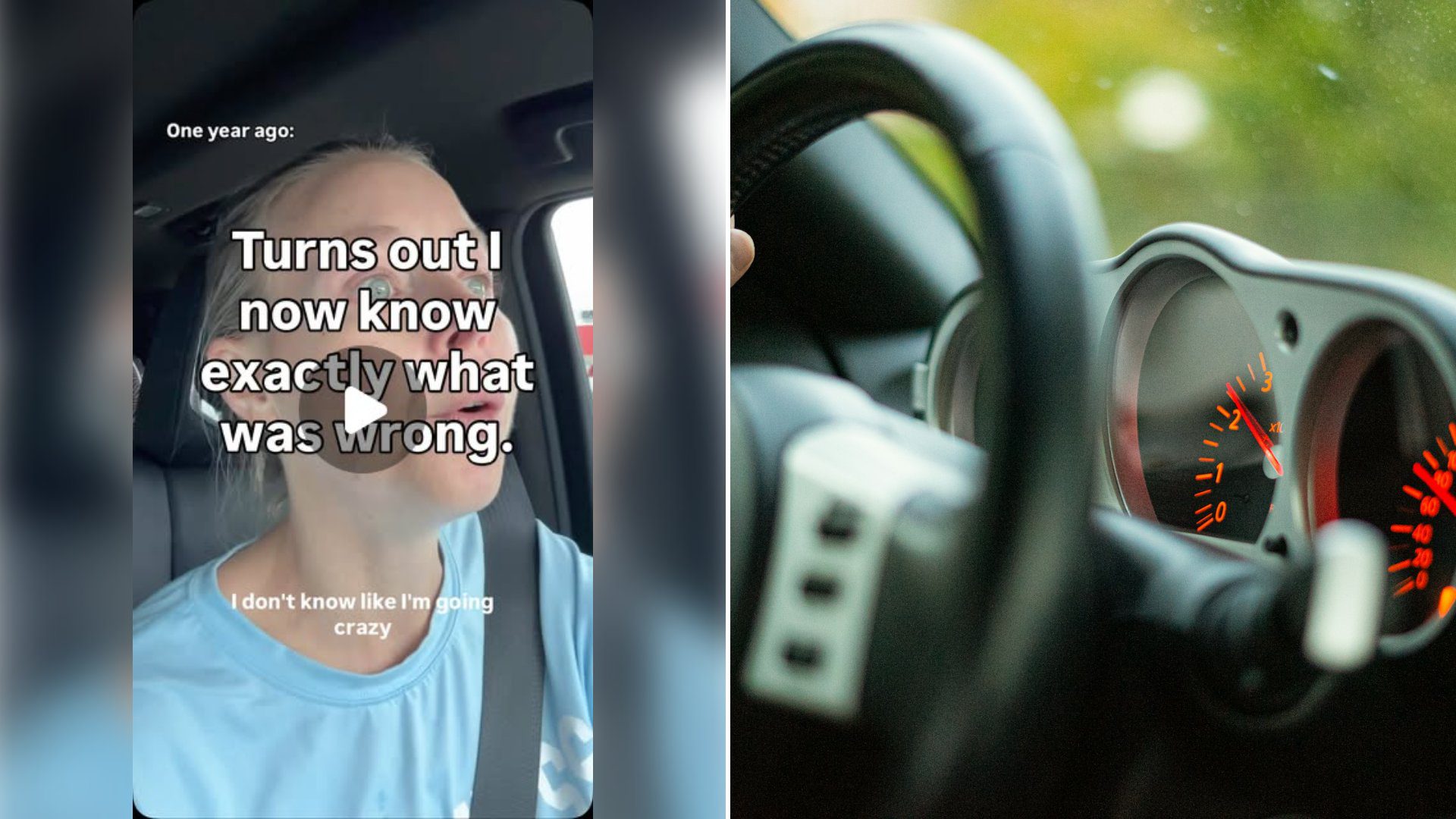 Left: cover still from an Instagram reel by @. Right: Black and silver car steering wheel and gauge cluster (Unsplash photo by Rob Scholten).