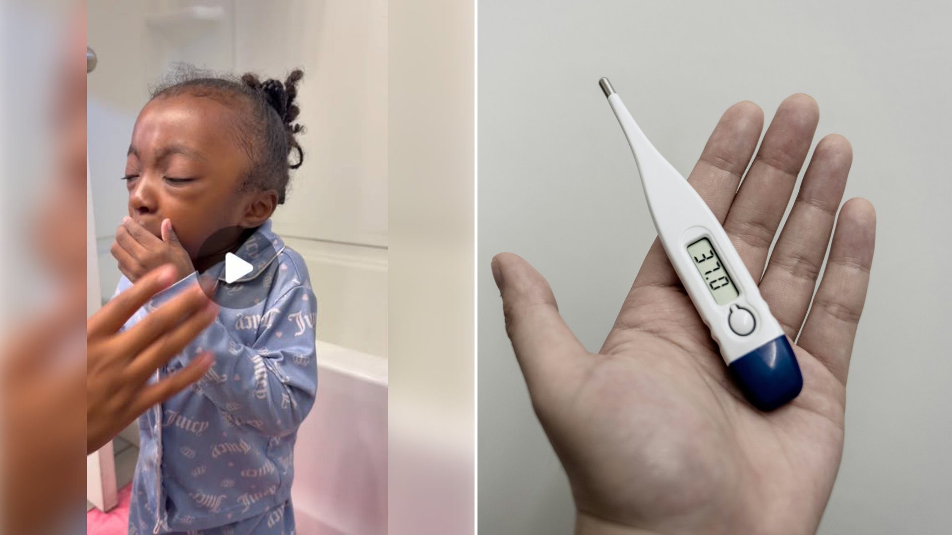 Left: cover still from an Instagram reel by @. Right: White and blue digital thermometer showing a temperature reading (Unsplash photo by Winel Sutanto).