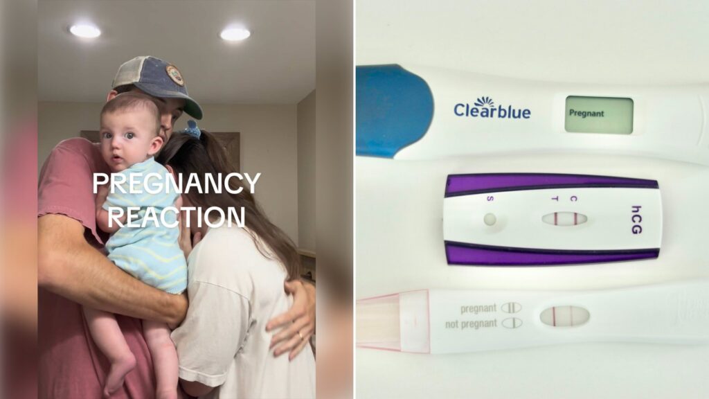 Left: cover still from a TikTok video by @mollymccoytaylor. Right: Two positive pregnancy tests on a table (Unsplash photo by Laura Ohlman).
