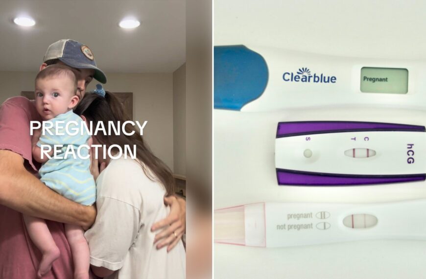 Left: cover still from a TikTok video by @mollymccoytaylor. Right: Two positive pregnancy tests on a table (Unsplash photo by Laura Ohlman).